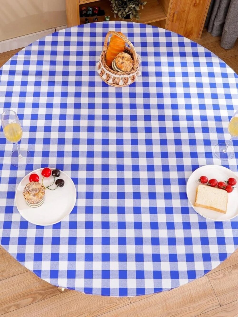 Round Vinyl Fitted Tablecloth Waterproof Elastic Blue White Check Picnic 40-44"